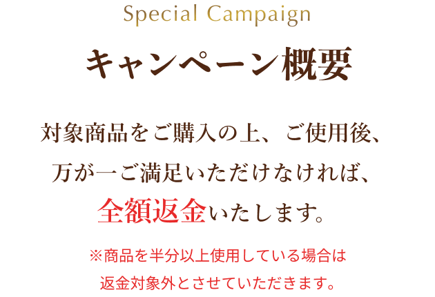 ｢Re:KERATIN（リ:ケラチン）」シリーズ 対象商品をご購入の上、ご使用後、万が一ご満足いただけなければ、「全額返金」いたします。※商品を半分以上使用している場合は返金対象外とさせていただきます。
